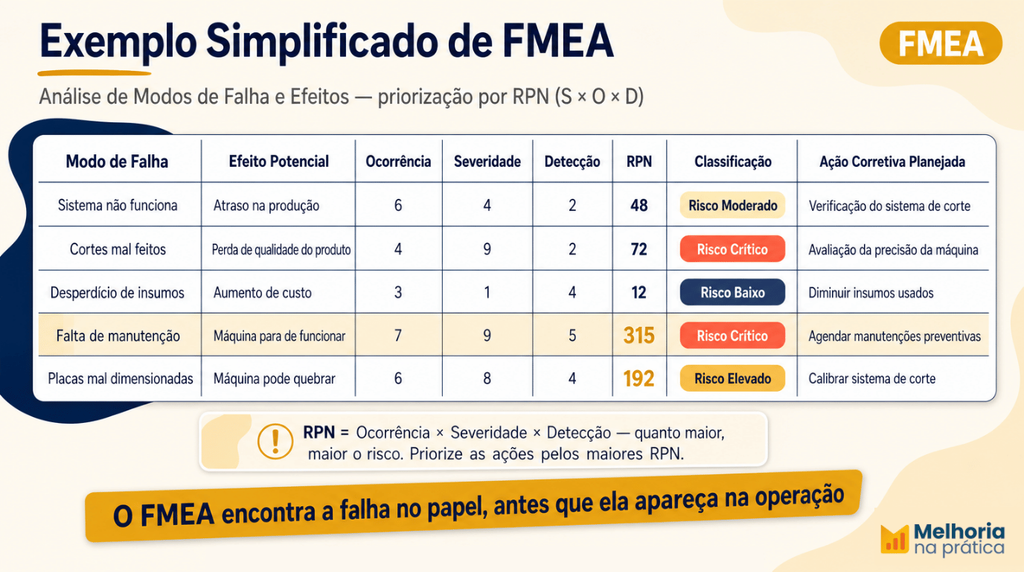 Exemplo simplificado de tabela FMEA com colunas de modo de falha, efeito, severidade, causa, ocorrência, controle, detecção e RPN.