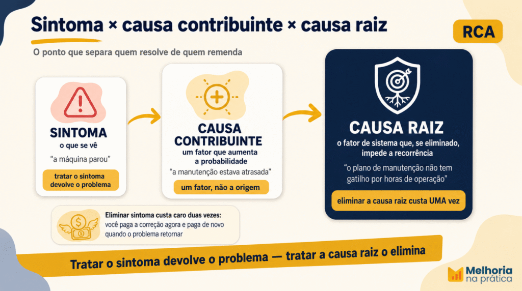 Comparativo entre sintoma, causa contribuinte e causa raiz, com exemplo de máquina parada, manutenção atrasada e falha no gatilho do plano de manutenção.