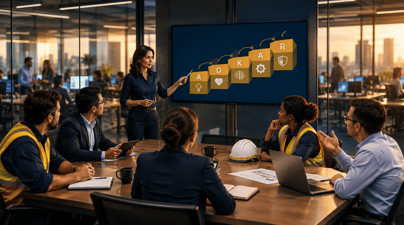 Gestão de mudanças: engenheira apresentando o modelo ADKAR (A-D-K-A-R) para líderes de operação, logística, RH, saúde e segurança e projetos em uma sala de reunião de vidro — a abordagem estruturada para preparar e apoiar as pessoas na adoção de novas transições e garantir os resultados organizacionais.