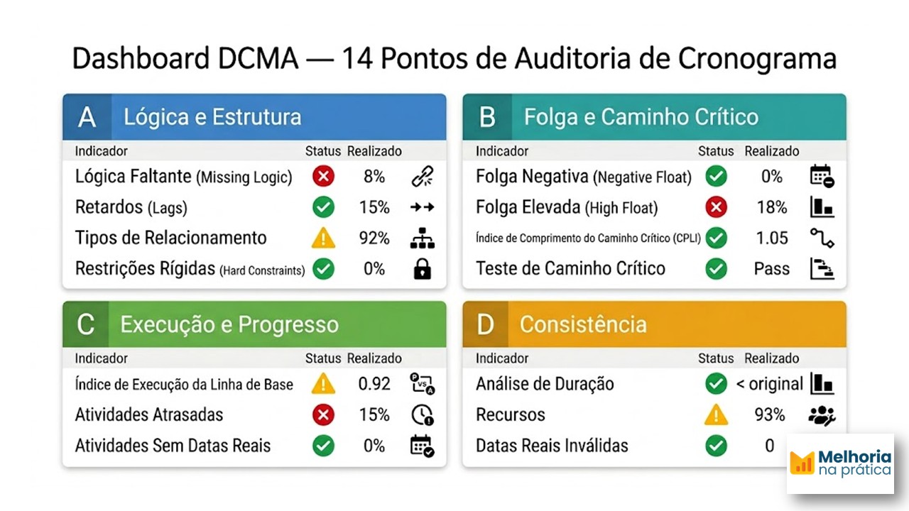 Infográfico no padrão Dashboard DCMA contendo os 14 Pontos de Auditoria de Cronograma da marca Melhoria na Prática. O painel é dividido em quatro blocos coloridos com indicadores e status: Lógica e Estrutura (azul), Folga e Caminho Crítico (teal), Execução e Progresso (verde) e Consistência (amarelo), exibindo métricas percentuais, índices técnicos e símbolos de conformidade, atenção ou erro.