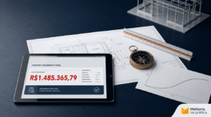 CAPEX e estouros de projetos: engenharia de valor no front-end — mesa de trabalho com blueprint técnico, tablet exibindo orçamento de R$1.485.365,79 e bússola de latão, transmitindo precisão e controle de custos em capital projects.