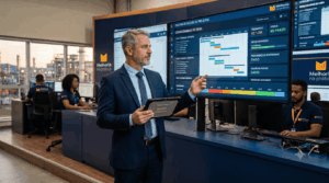 Gerente de projetos sênior em traje executivo revisando um dashboard digital com cronogramas e KPIs em uma sala de controle de operações industrial, com a logomarca do Melhoria na Prática no canto superior esquerdo.