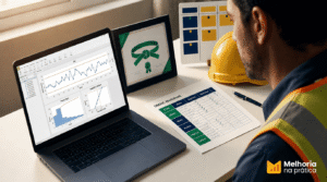 Profissional aplicando ferramentas do DMAIC em projeto real de melhoria, com notebook exibindo gráficos de controle estatístico, planilha de fases do método e certificação Green Belt em destaque.