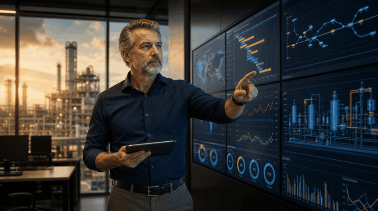 Fotografia editorial de um engenheiro de produção sênior em um centro de operações industrial moderno, segurando um tablet e apontando para um painel digital com dashboards de produção, cronogramas e KPIs, com vista para uma planta industrial ao entardecer. A cena transmite liderança, método e decisão estratégica sobre dados, em tons de azul-marinho e dourado.