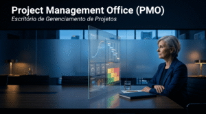 Executiva sênior em centro de operações analisando dashboard de portfólio de projetos com cronogramas, KPIs e indicadores, representando a governança do PMO.