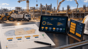 AWP (Advanced Work Packaging) em um canteiro industrial em andamento: mesa de planejamento com o Path of Construction em pacotes de trabalho (CWP), dashboard de gestão de pacotes no tablet, quadro kanban de Full Kit e capacete de segurança — com obra em execução ao fundo, andaimes, grua, concretagem e máquina carregando caminhão em dia claro