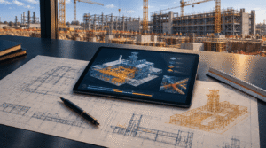 BIM em capital projects: modelo digital 3D no tablet sobre blueprint técnico, integrando engenharia, cronograma e custo.