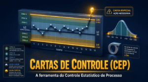 Cartas de controle representadas como gráfico de monitoramento estatístico com pontos plotados, linha central, limites de controle superior e inferior e zonas A/B/C, com destaque a um ponto de causa especial