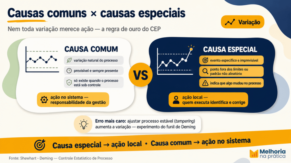 Comparativo entre causas comuns e causas especiais de variação em cartas de controle, mostrando um processo estável sob controle estatístico e um processo com ponto fora dos limites indicando causa especial