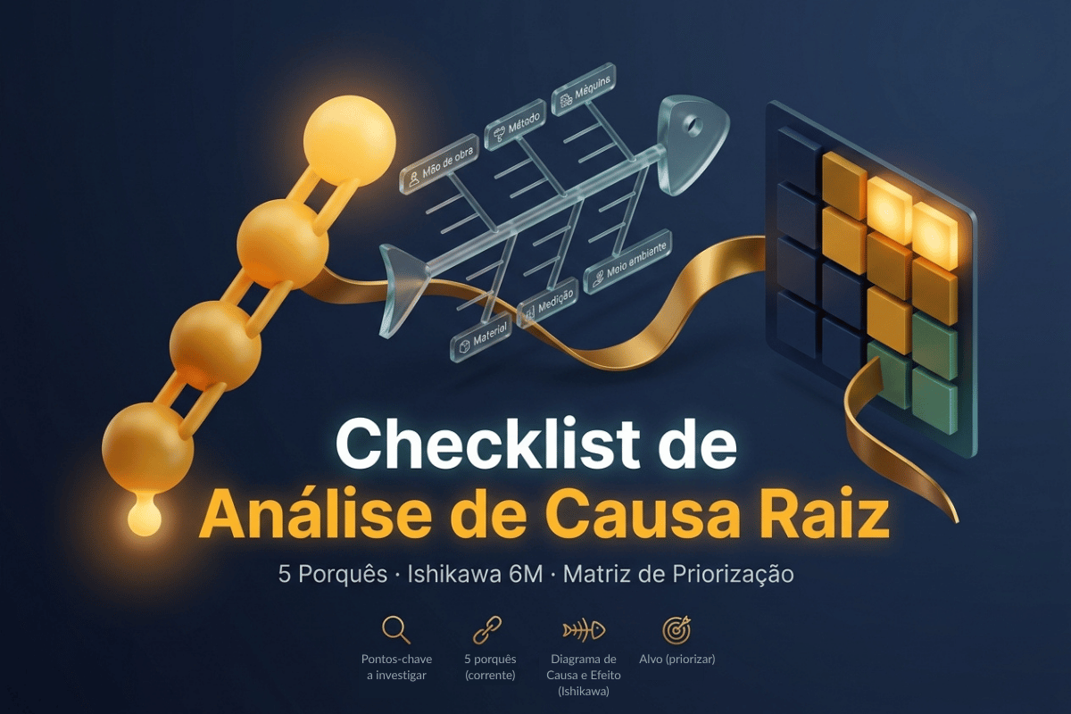 Checklist de Análise de Causa Raiz — kit de resolução de problemas com cadeia de 5 Porquês, diagrama de Ishikawa em 6M e matriz de priorização de causas.