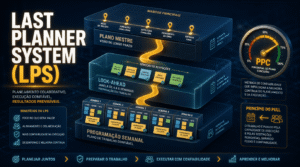 Last Planner System representado como fluxo de planejamento puxado em 3 níveis — plano mestre, lookahead e programação semanal — com o indicador PPC em destaque, em obra organizada de construção.