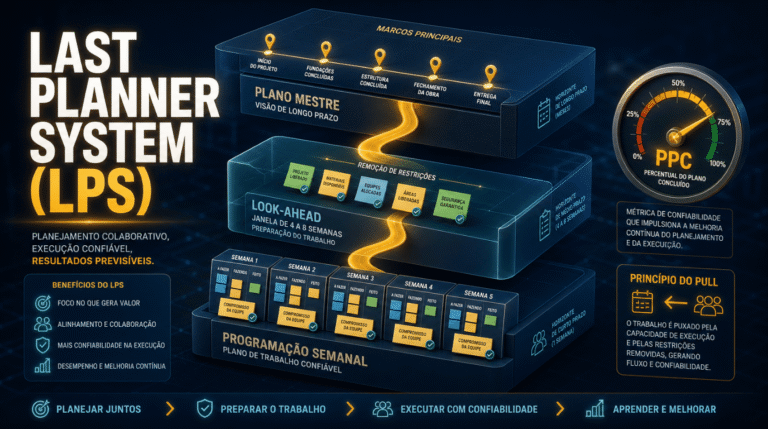 Last Planner System representado como fluxo de planejamento puxado em 3 níveis — plano mestre, lookahead e programação semanal — com o indicador PPC em destaque, em obra organizada de construção.