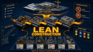 Lean Construction na prática: obra organizada com princípios enxutos de fluxo contínuo, produção puxada e eliminação de desperdícios no canteiro.