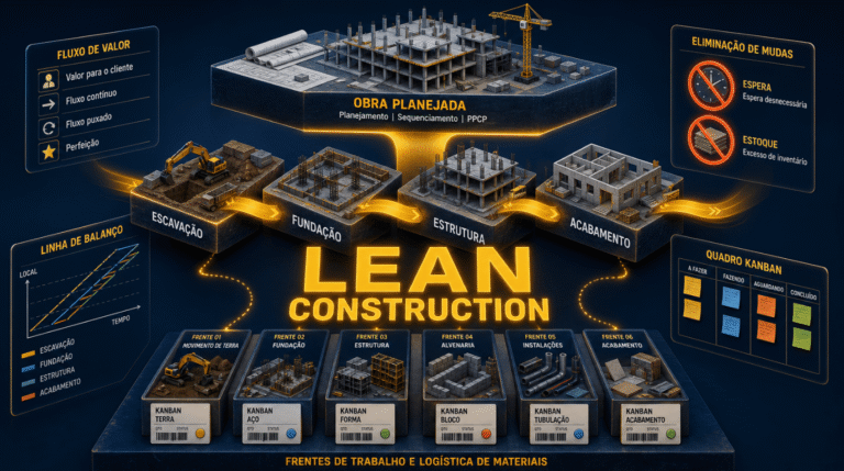 Lean Construction na prática: obra organizada com princípios enxutos de fluxo contínuo, produção puxada e eliminação de desperdícios no canteiro.