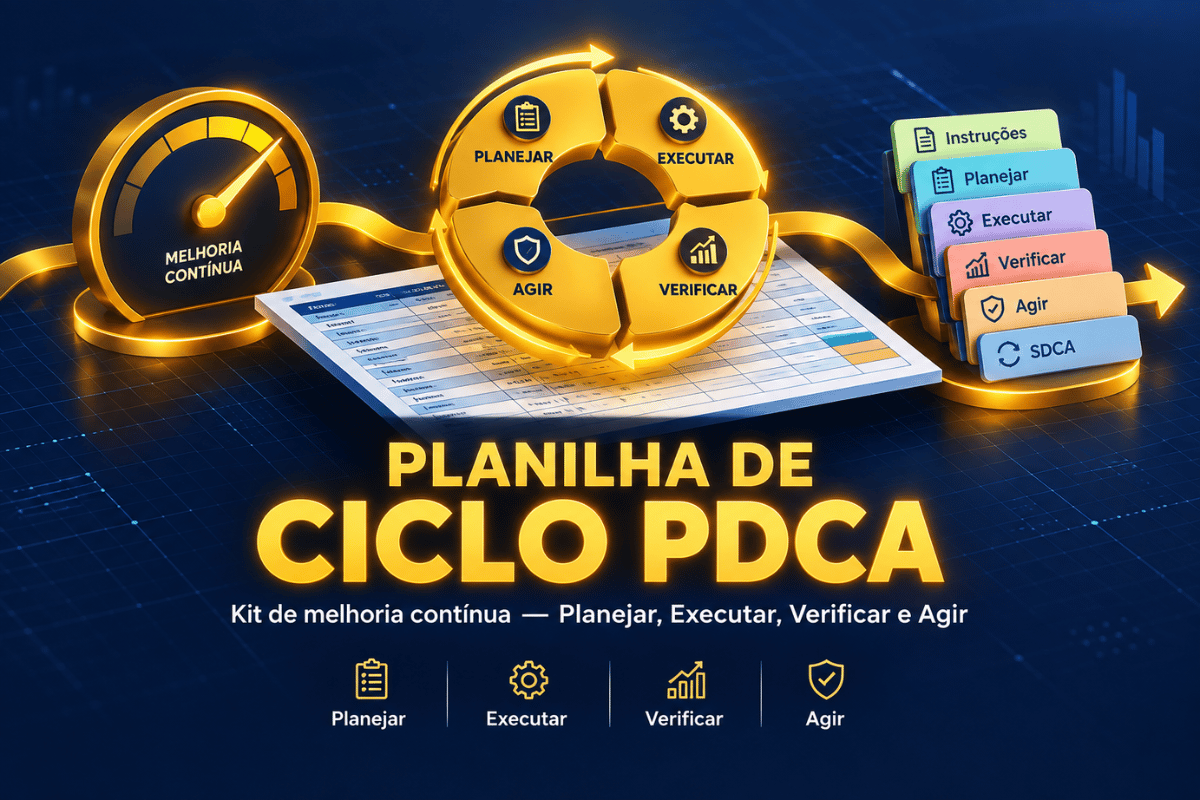 struture o problema, chegue à causa raiz com os 5 Porquês e decida com dados em cada fase do ciclo. Da meta com linha de base ao plano de ação 5W2H e à padronização SDCA — o método completo para sair do paliativo e sustentar o ganho."