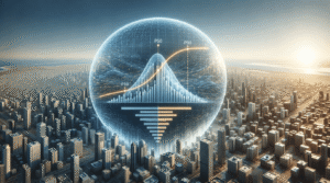 Simulação de Monte Carlo representada como esfera analítica sobre um centro financeiro, com curva de probabilidade, histograma e gráfico de tornado — quantificação de risco e incerteza.