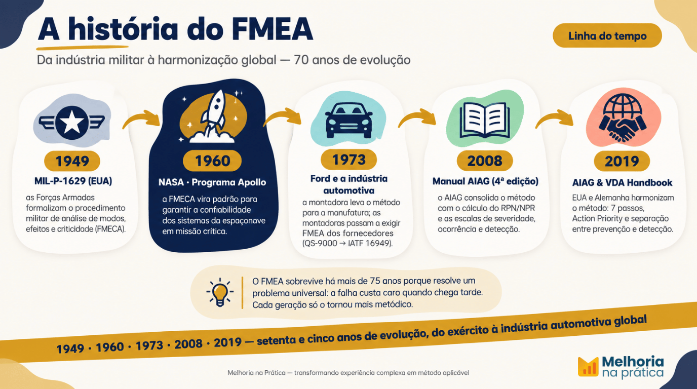 Linha do tempo da história do FMEA: 1949 MIL-P-1629, anos 1960 NASA Apollo, 1973 Ford, 2008 AIAG 4ª edição e 2019 manual AIAG & VDA.