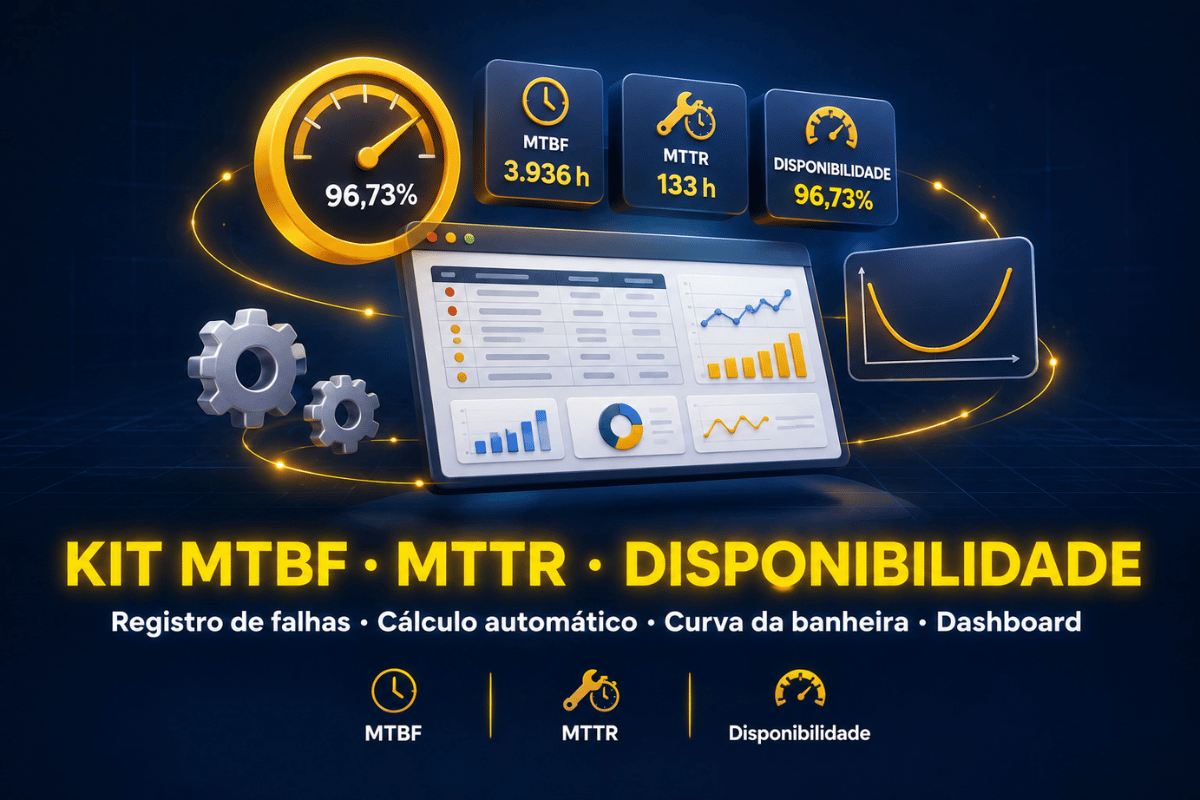 Thumbnail do Kit de Cálculo de MTBF, MTTR e Disponibilidade — planilha com registro de falhas, cálculo automático dos indicadores, curva da banheira e dashboard