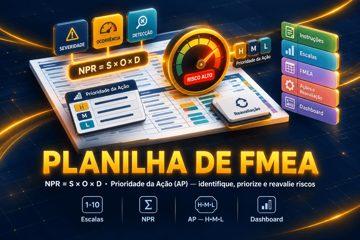 Planilha de FMEA - você mapeia como o seu processo pode falhar, avalia severidade, ocorrência e detecção e prioriza onde agir primeiro — antes que o defeito vire parada, retrabalho ou reclamação.
