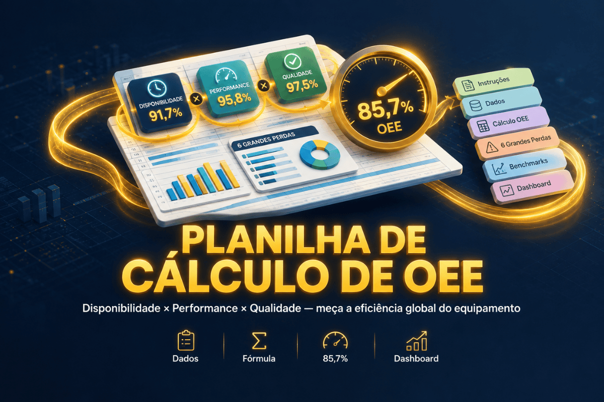 Chega de OEE de chute. Com esta planilha você preenche os dados de produção e o cálculo de Disponibilidade × Performance × Qualidade sai automático, com classificação e dashboard prontos. Baixe agora o kit que transforma 15 minutos de medição em decisão de melhoria.