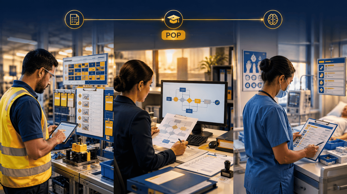 Procedimento Operacional Padrão (POP): três cenários de uso — chão de fábrica, processo de compras e hospital o mesmo padrão documentado, treinado e retido como memória operacional da organização.